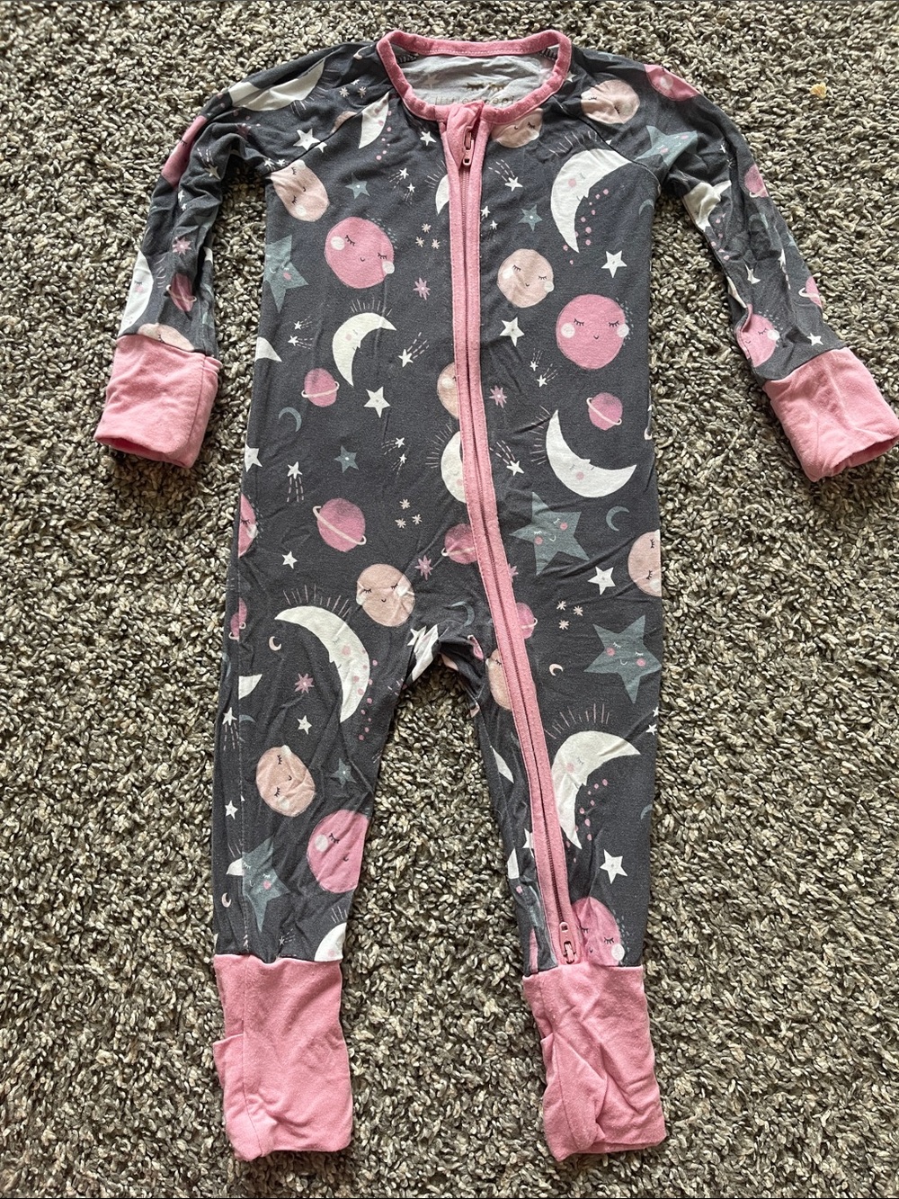 Little Sleepies Pink & Gray Space Moon One-Piece Pajama - Size 3-6 months